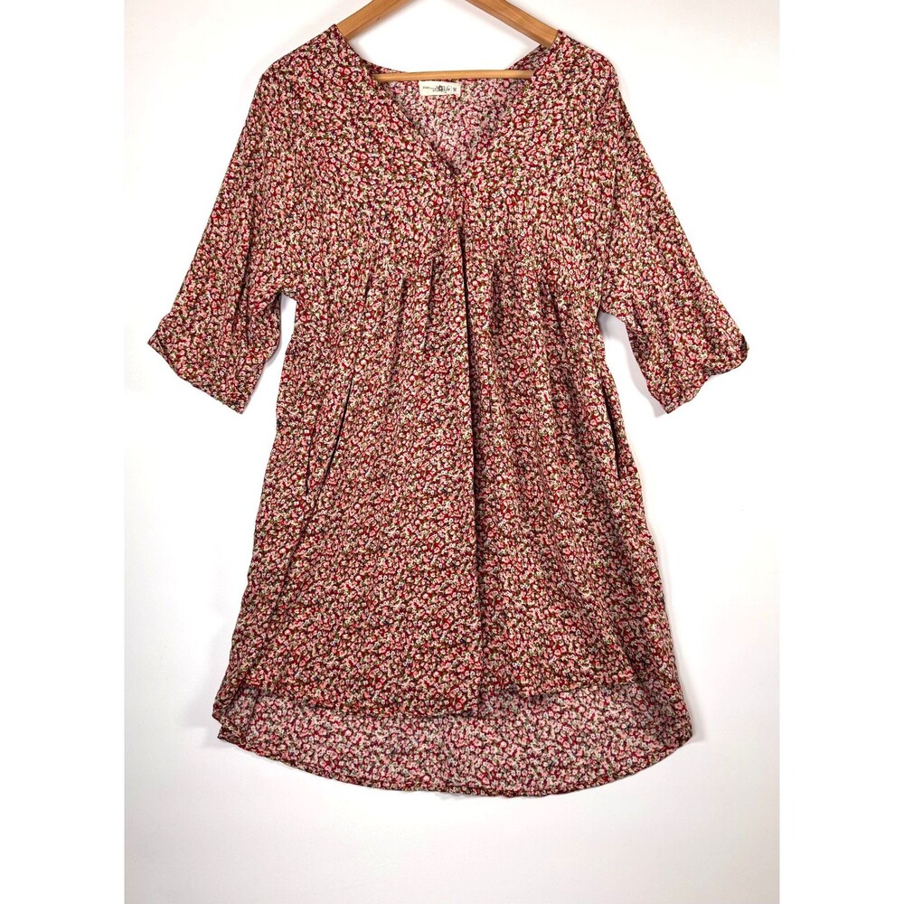 Natural Life Dress Womens Medium Red‎ Pink Floral Rayon Knee Length Boho Peasant